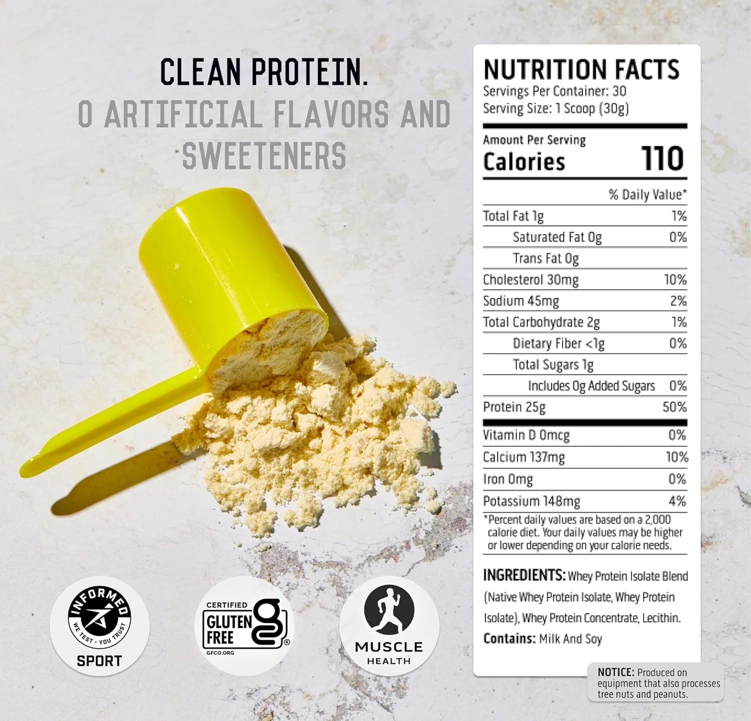 Ascent 100% Whey Protein Powder - Post Workout Whey Protein Isolate, Unflavored, 2 Lb