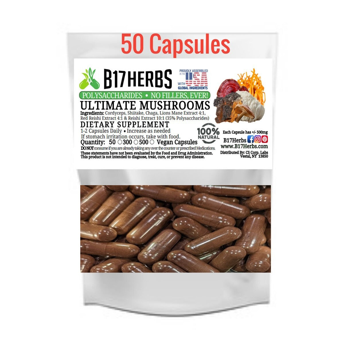 Ultimate Mushrooms Blend, Cordyceps, Lions Mane, Reishi, Chaga, Shiitake 50 Caps