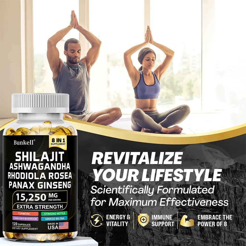 15250Mg Shilajit Capsules with Ginseng Ashwagandha Turmeric, Energy Supplement Muscle Mass Endurance