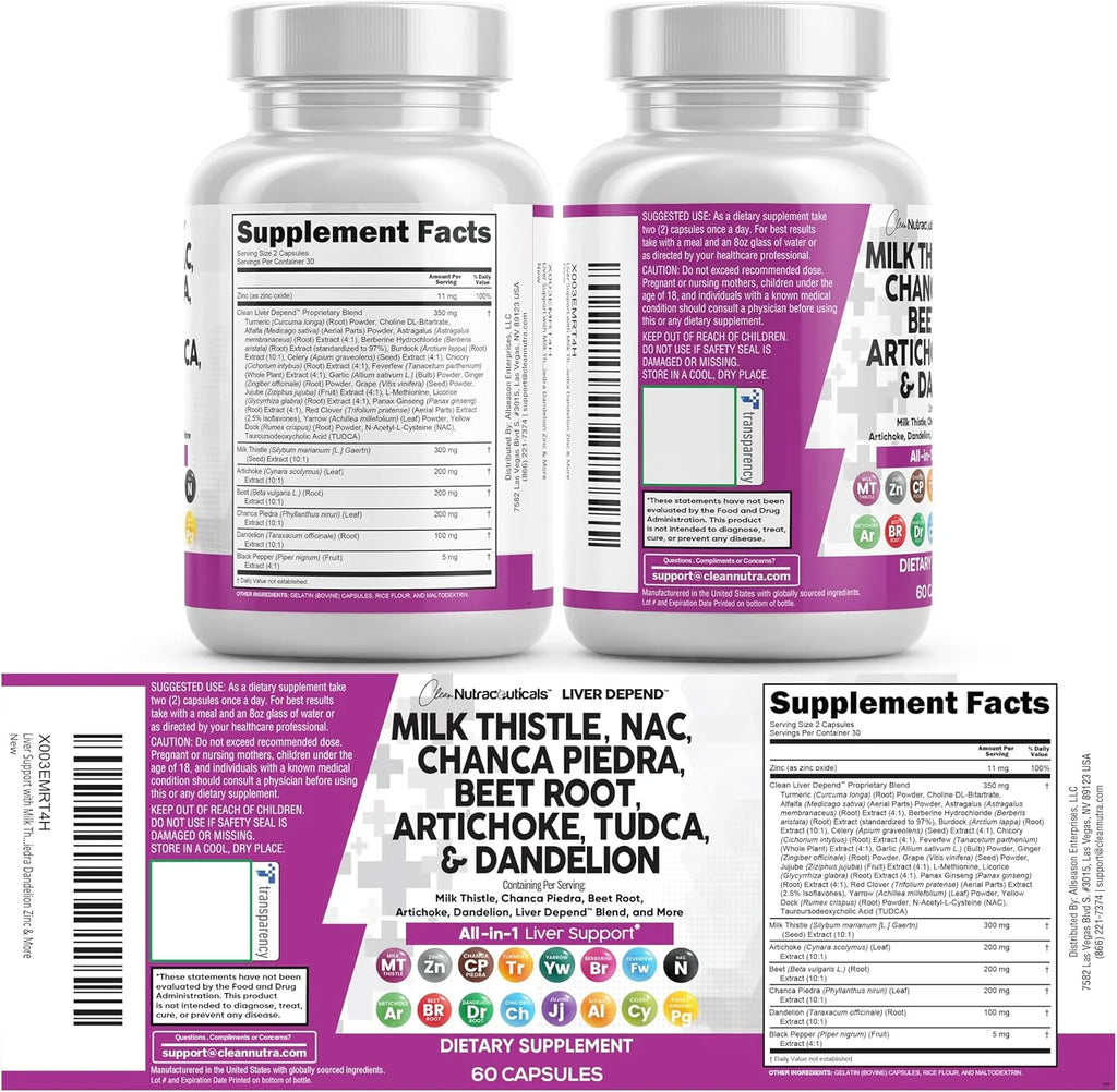 Clean Nutraceuticals Milk Thistle NAC Chanca Piedra Beet Root Artichoke Dandelion Root - Liver Cleanse Detox & Repair Supplement plus TUDCA Choline & Ginger 60 Count