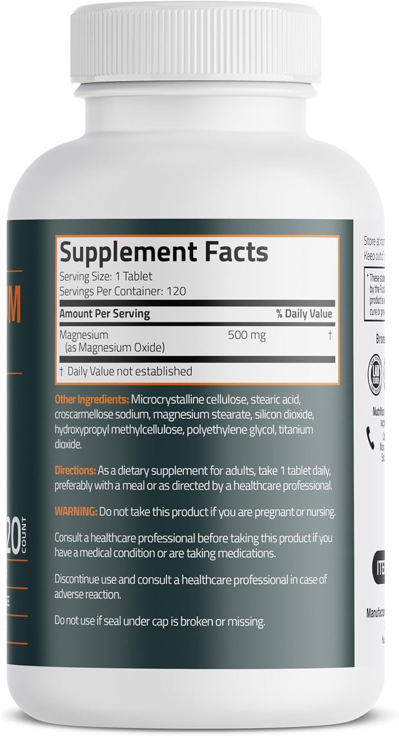 Magnesium 500 MG Supports Bone & Muscle Health & Nervous System Support - Non-Gmo, 120 Vegetarian Tablets