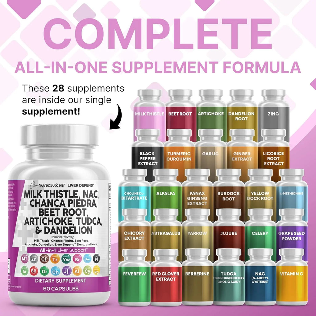 Clean Nutraceuticals Milk Thistle NAC Chanca Piedra Beet Root Artichoke Dandelion Root - Liver Cleanse Detox & Repair Supplement plus TUDCA Choline & Ginger 60 Count