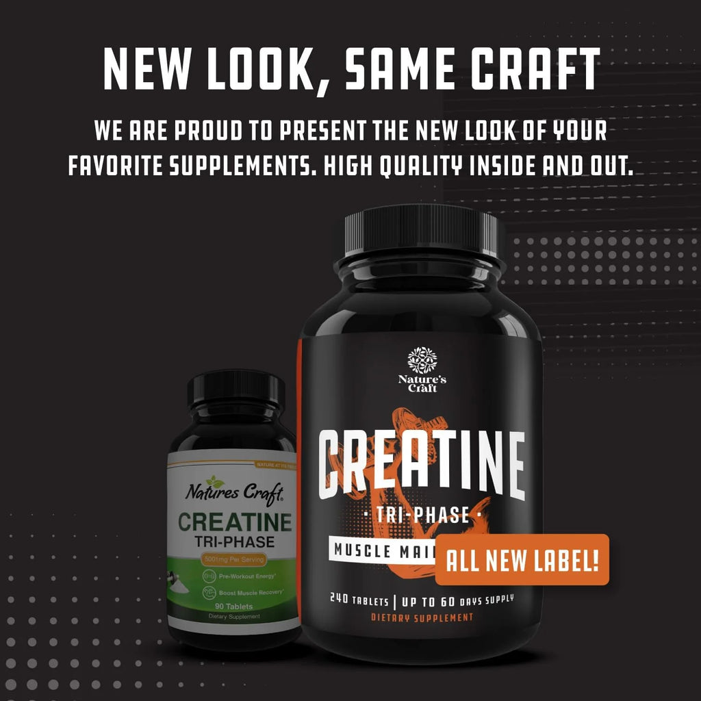 Natures Craft Tri-Phase Creatine Supplement for Muscle Recovery & Muscle Building, 240 Capsules