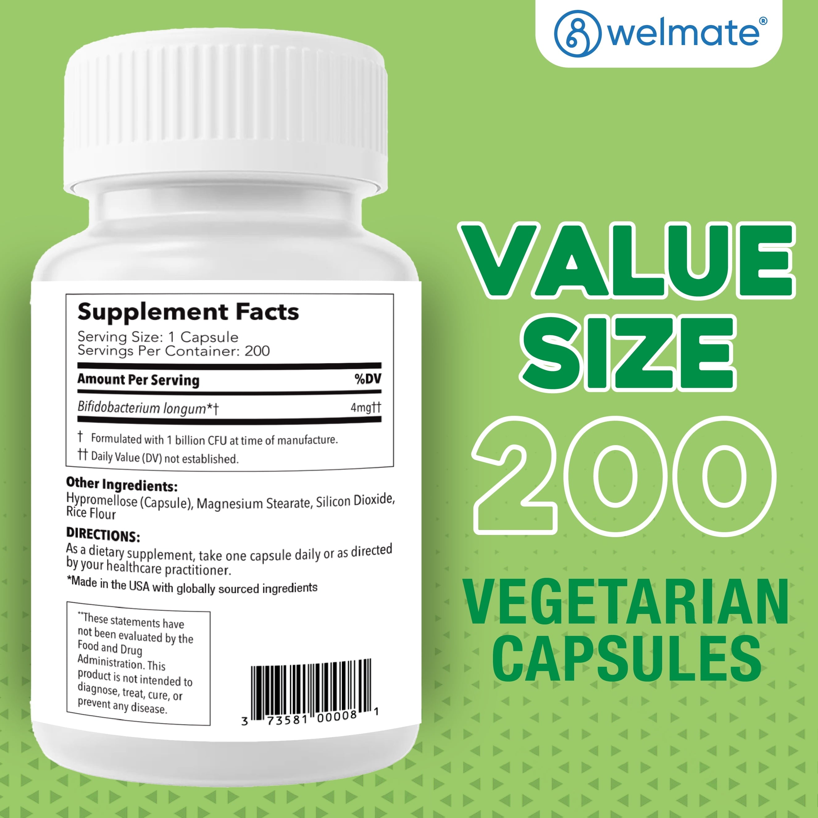 WELMATE Probiotic Supplement, Bifidobacterium - 200 Capsules